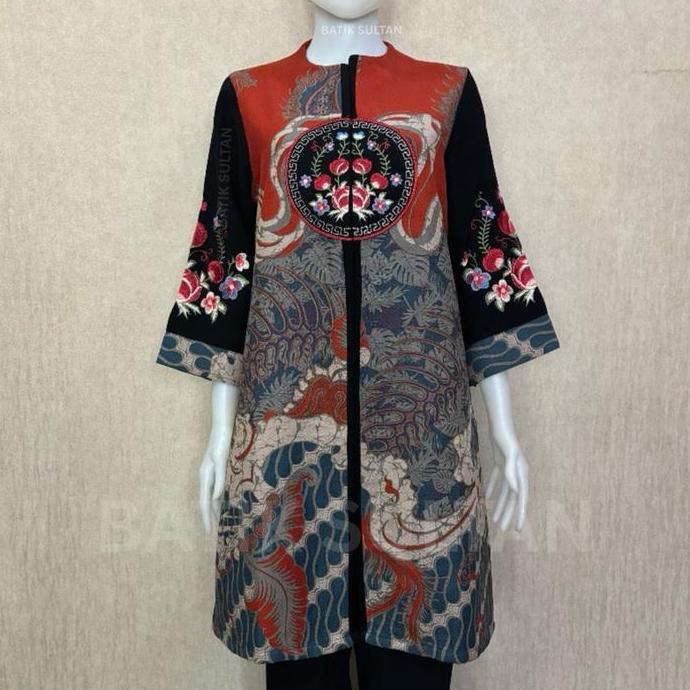 Atasan Tunik Batik Wanita Kain Doby Bordiran Reguler Fit Lapisan Tricot Waffle Mewah Elegan Formal K