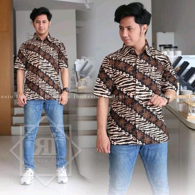 Couple Batik Keluarga Motif Lereng Coklat - Kemeja Dewasa Semi Sutra dan Rok Plisket Panjang Kebaya 