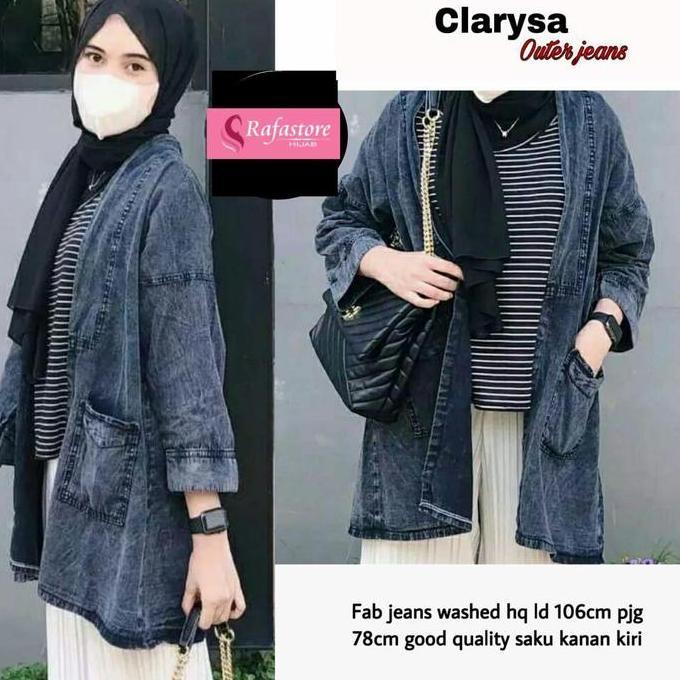 Clarysa Outer Jeanswashed Denim Rompi Cardigan Wanita Muslim Modis