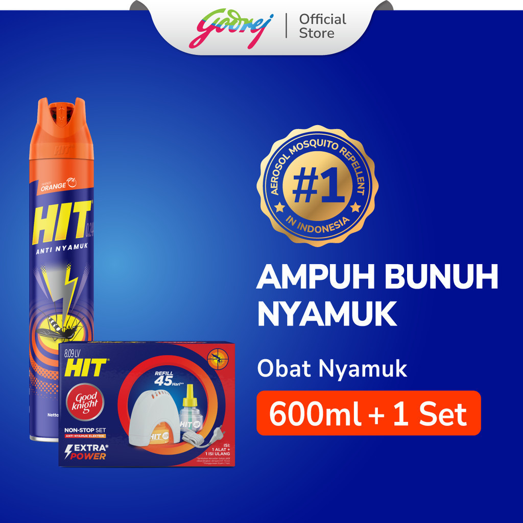 Hit Aerosol Orange 600ml + Hit Good Knight Non Stop Set - Obat Nyamuk Elektrik - Bunuh Nyamuk Penyeb