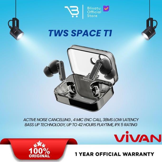 Vivan Space T1 TWS Earphone Bluetooth 5.4 IPX5 Adaptive ANC Bass UP 4 Mic ENC 42 Hours Battery Playt