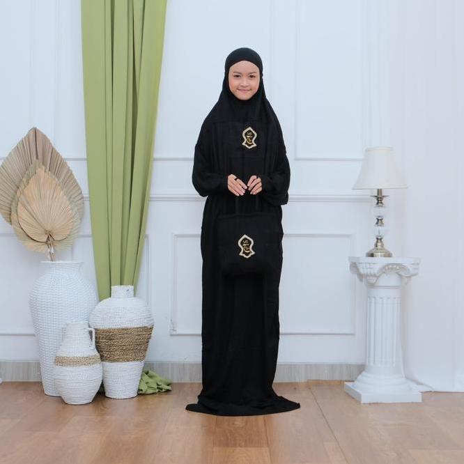 Mukena Terusan Terompah Anak Hitam Putih - Mukena Polos Rayon Murah