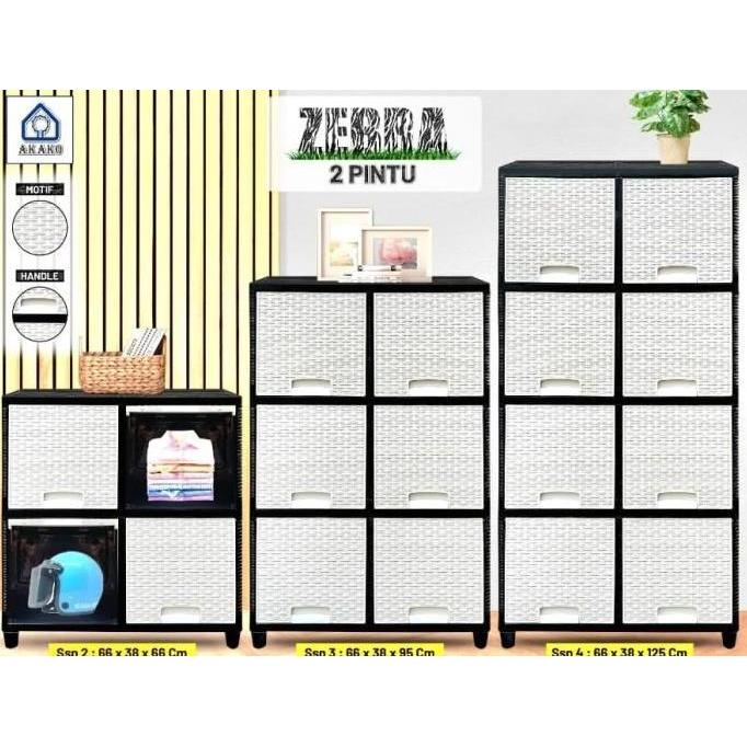 LEMARI PAKAIAN RAK PLASTIK AKAKO ZEBRA 2 PINTU ROTAN PUTIH HITAM