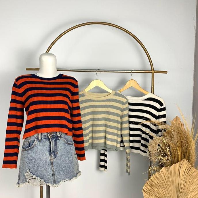 DR297 - [RK] Atasan Crop Rajut Lengan Panjang Premium Salur Garis Garis | Crop Top Lengan Panjang Ra