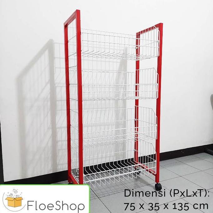 BEBAS ONGKIR - Rak Serbaguna Display Minimarket Ciki Snack Jumbo Tebal Susun 4 + Roda
