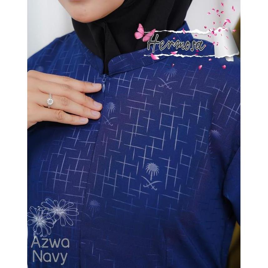 [Gamis hermosa]Gamis hermosa bahan wolfis embos motif azwa navy-gamis biru dongker-gamis lebaran Mus