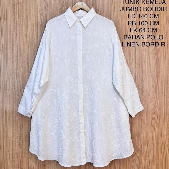 Tunik Kemeja Putih Jumbo Wanita Ld 140 Cm Motif Full Bordir Kekinian Terlaris