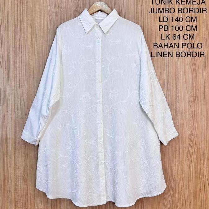 Tunik Kemeja Putih Jumbo Wanita Ld 140 Cm Motif Full Bordir Kekinian Terlaris