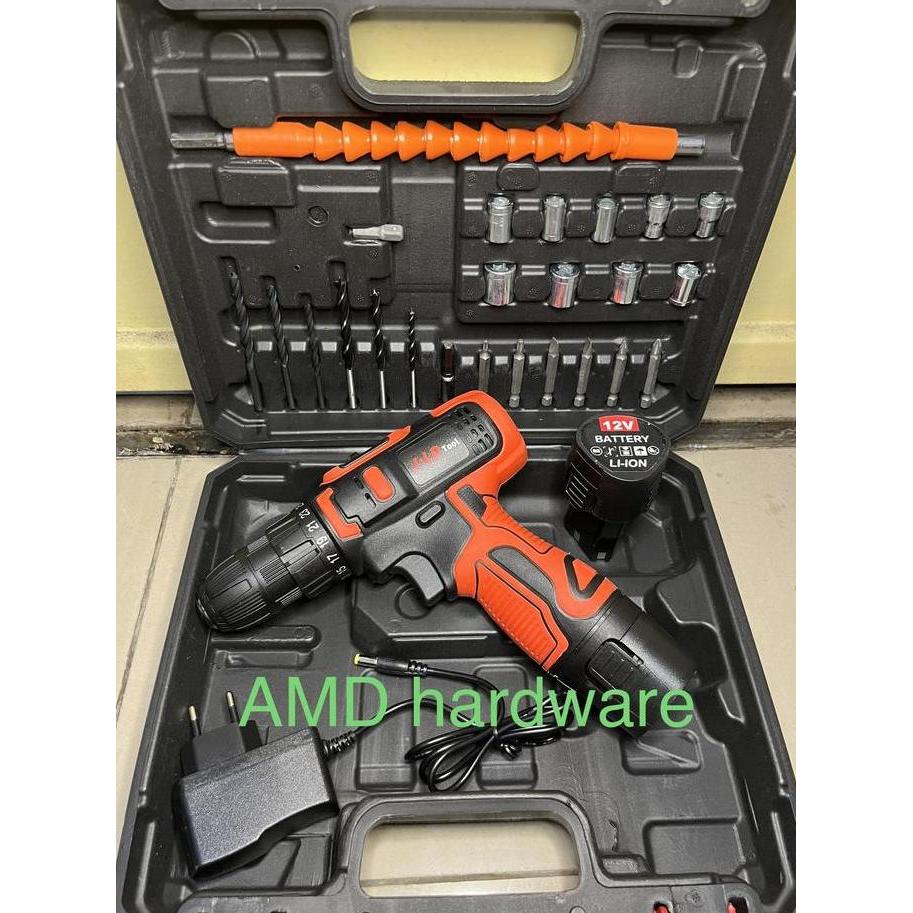 Mesin Bor Baterai Cordless Drill 12V SET LENGKAP Mata Bor NAGAWA JLD