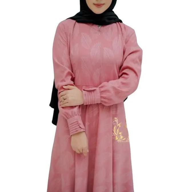 [Gamis hermosa] Gamis embos hermosa motif daun warna (tosca, dusty pink, ungu) Kancing Kerah Manset 