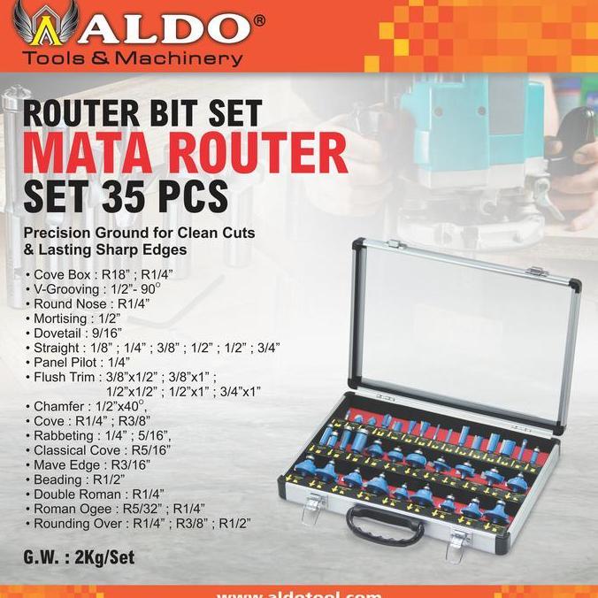 Mata Router Bit Set 35 pcs Box Aluminium Merk ALDO