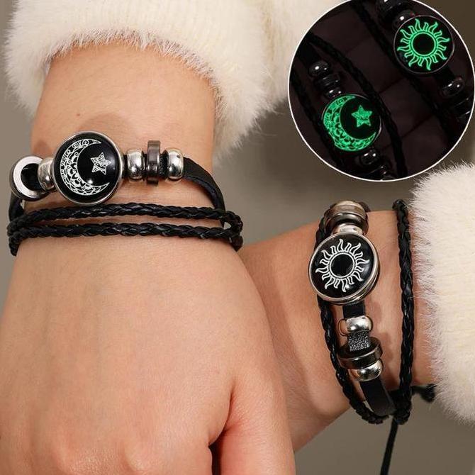 2Pcs Gelang Pasangan Matahari Bulan Luminous Romantis  Tali Kulit IS