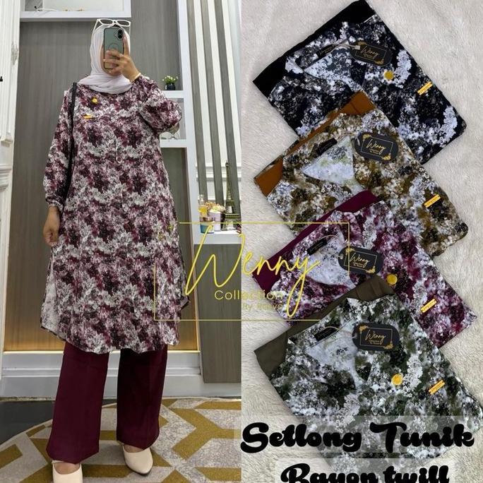 Setelan tunik motif salur bahan rayon twill jumbo Ld 120 setlong tunik Wenny 2025 Atasan Kancing Cel
