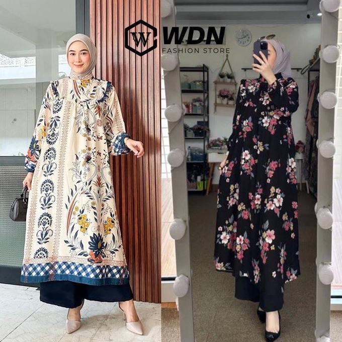 Setelan Midi Katun Delvina Mix Pants / Oneset Setelan Tunik Wanita Rayon Premium Motif Bunga Busui C