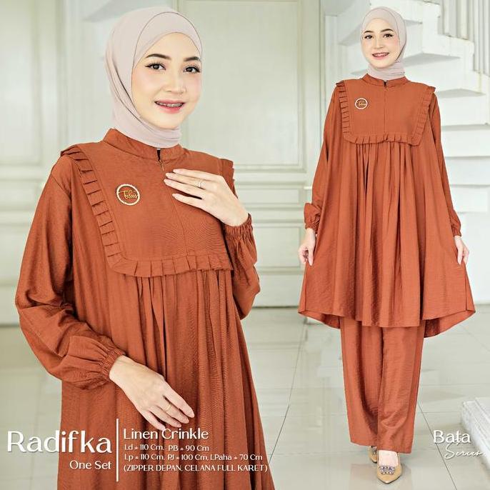 Radifka Setelan Wanita Muslim Linen Cringkle Motif Polos One Set Baju Celana Hijab Style