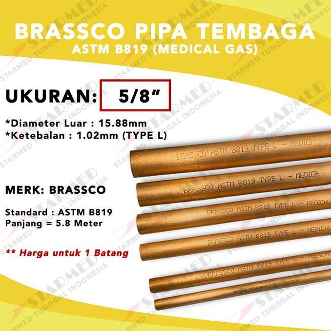 Brassco Pipa Tembaga Batangan Astm B819 5/8" - Pipa Gas Medis