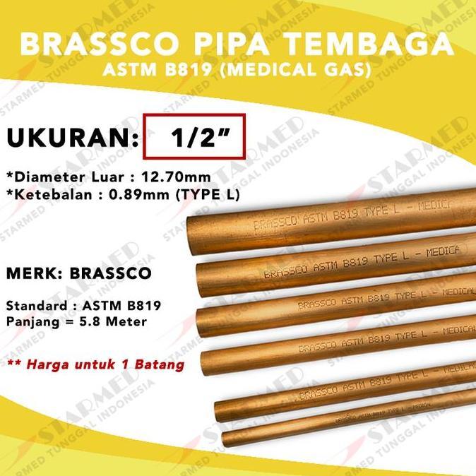 Brassco Pipa Tembaga Batangan Astm B819 1/2" - Pipa Gas Medis