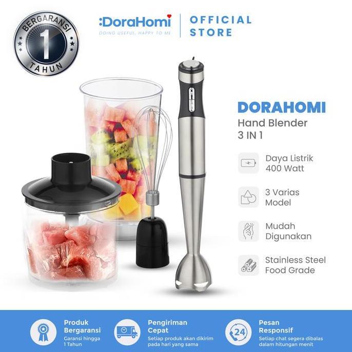 DORAHOMI Hand Blender, Mixer Tangan Elektrik Stainless Steel, Motor Kuat Low Watt (Mixer Roti & Jus)