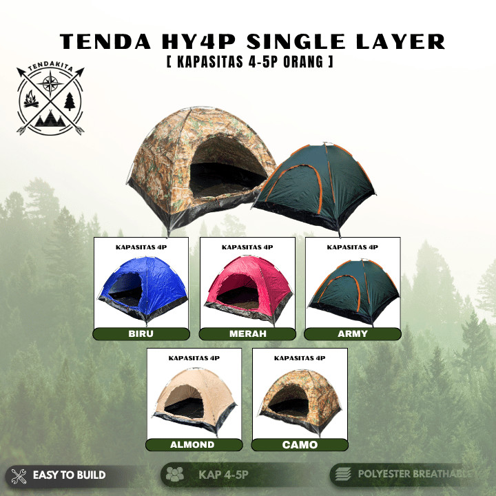 Tenda Camping Gunung HY Monodome Waterproof Single Layer 4P Tent Outdoor Frame Fiber