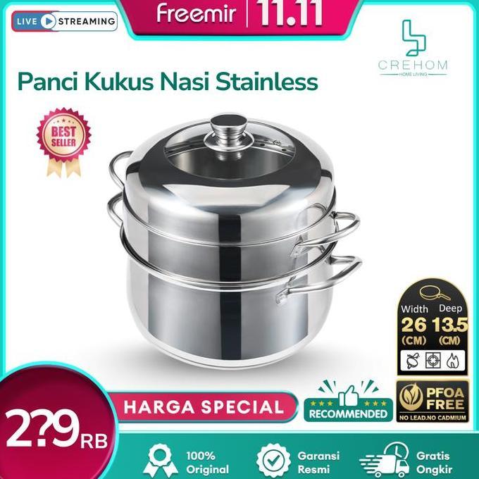 [Crehom] freemir Panci Kukus Nasi 20 MENIT Kukusan 2 Susun Stainless Masak Bolu Lebih Cepat Dandang 