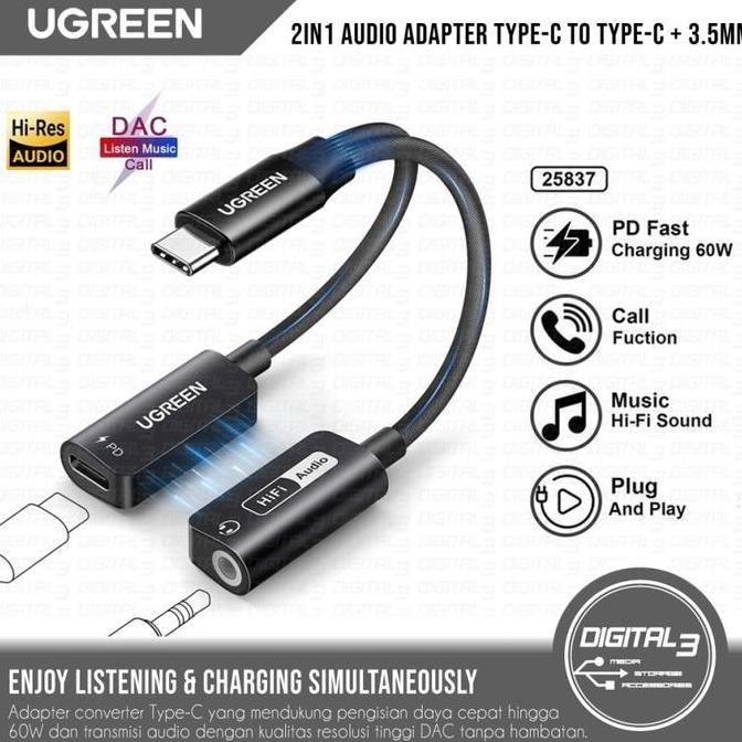 BEBAS ONGKIR - UGREEN CM721 2 in 1 Adapter Splitter Type-C to Type-C + Jack 3.5mm Converter Fast Cha