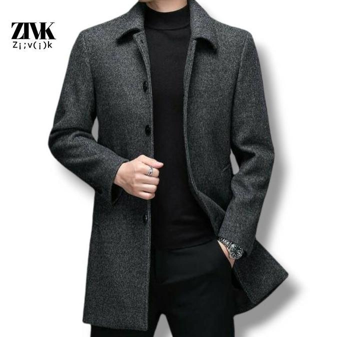 ZIVK Winter Coat Wool Pria Single Breasted - Dark Grey Aaron