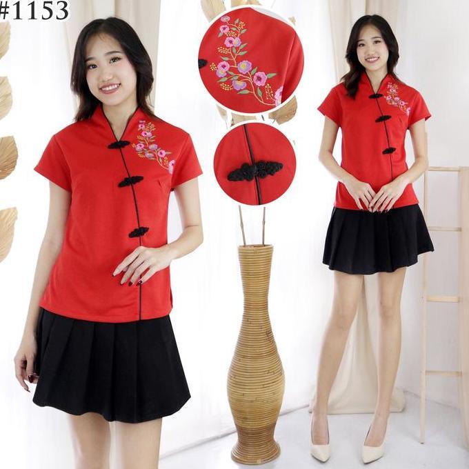 DE103 - Terbaru Atasan Wanita Blus Kerah Shanghai Bordir Bunga Baju Imlek Hari Raya  Bahan Scuba Imp
