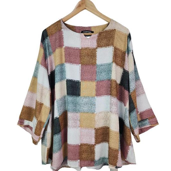 DV237 >> Atasan Blus Wanita Oversize JUMBO Rayon Motif Kotak Terbaru SUPER BIG SIZE XXL 5XL LD 110 1
