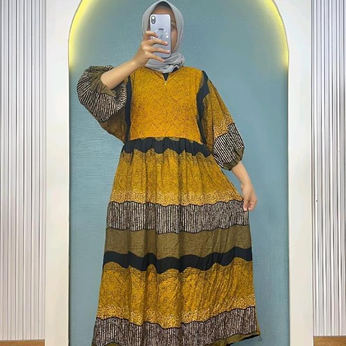 DV111 - Dress Batik Modern Kekinian Lengan Full Balon Gaun Wanita Remaja Dewasa Gamis Muslim LD 110 