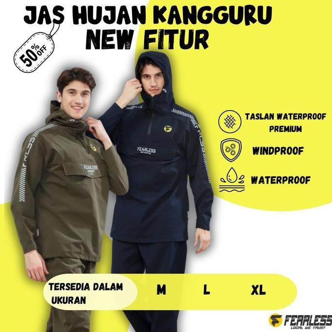 Jas Hujan Fearless Anti Bocor saku kantung Kangguru new fitur Setelan Pria Wanita dewasa raincoat an