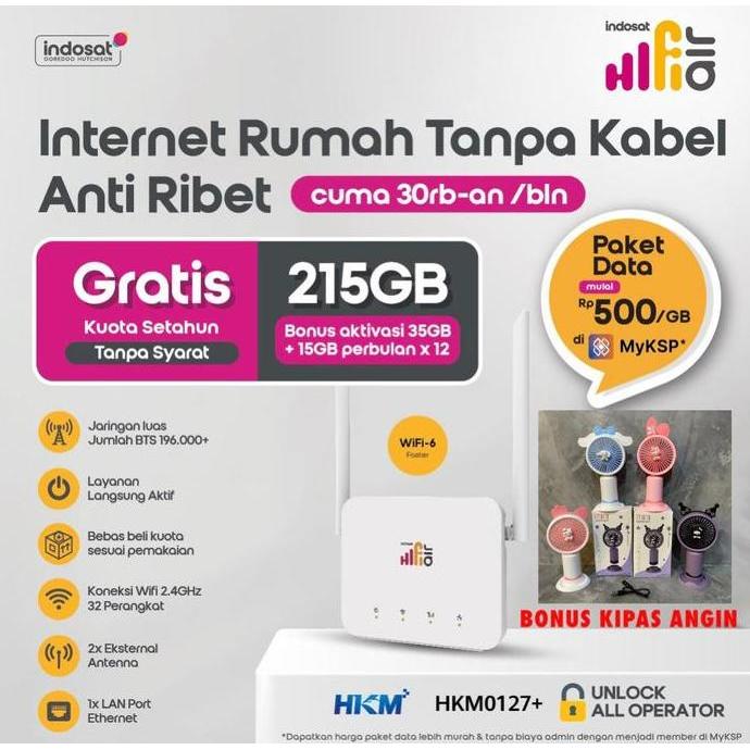 HKM Hifi Air HKM0127+ Indosat Tri Modem Wifi Router Wireless 4G LTE Free Kuota 215GB
