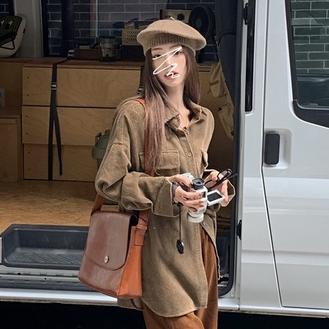 Bordir Kemeja Corduroy Wanita Korea Style Oversize Lengan Panjang Baju Atasan Wanita Kemeja Coklat
