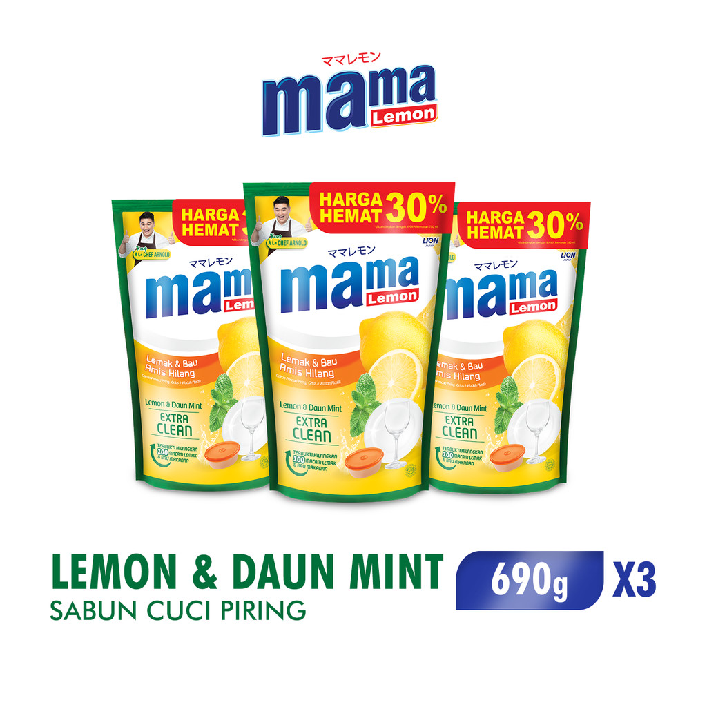 Mama Lemon Sabun Cuci Piring Daun Mint Pouch 680 ml/690 gr x3
