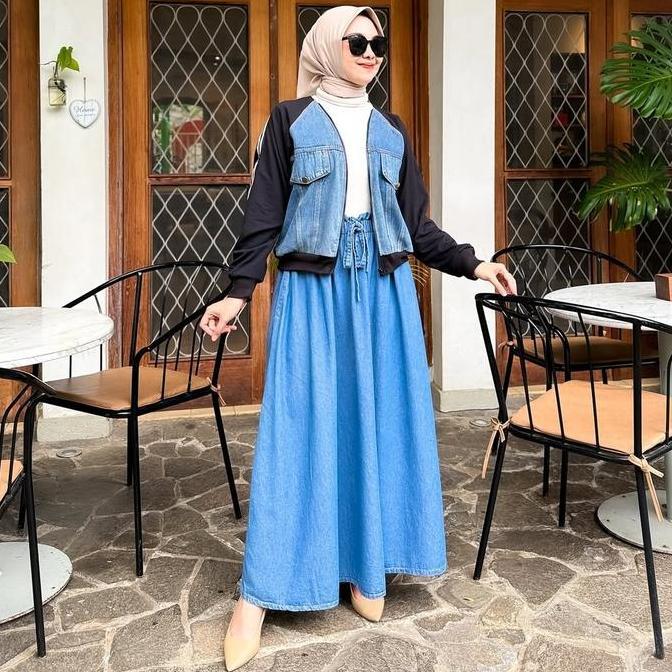 Lzs Set Jaket Denim Tiara | Setelan Jacket Dan Rok Panjang Jeans Flare Wanita Biru Crop Hitam Karet 