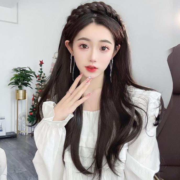 Aegyoshoppe - H022 Wig Bando Korea Kepang 60 Cm, Rambut Palsu Setengah Kepala Dengan Bando, Fiber Je