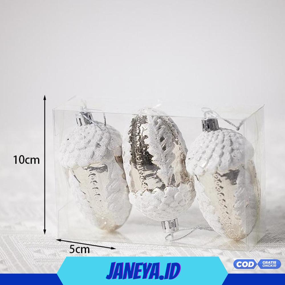 3pcs Hiasan Natal Silver Acorn Biji Pohon Ek ornamen Gantungan Pohon Natal Dekorasi Christmas Tree -
