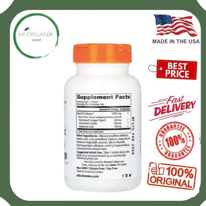 Doctor'S Best Hyaluronic Acid + Chondroitin Sulfate With Biocell Collagen 60 Tablets Original