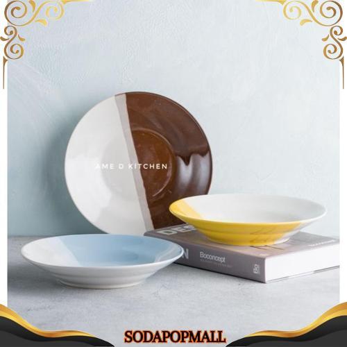 Unik Piring Makan Bijian Keramik 8" Two Tone 2 Warna Coklat/Biru/Pink