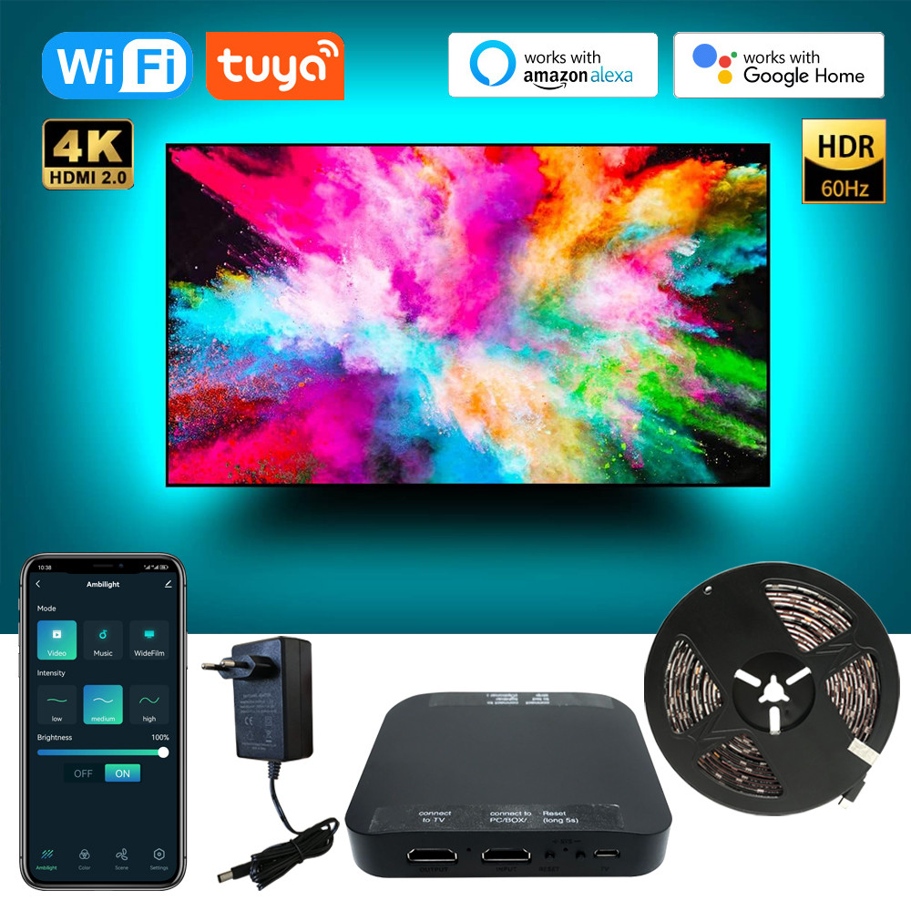 Ambient TV Led Backlight Fancy HDMI Device Sync Box Kit 4K Wifi Alexa Google Voice App Control Dan L