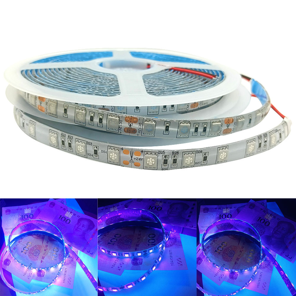 12V Ultraviolet UV 395-405 nm LED Strip Tahan Air IP65 atau tidak tahan air IP20 60 led / m 5050 SMD