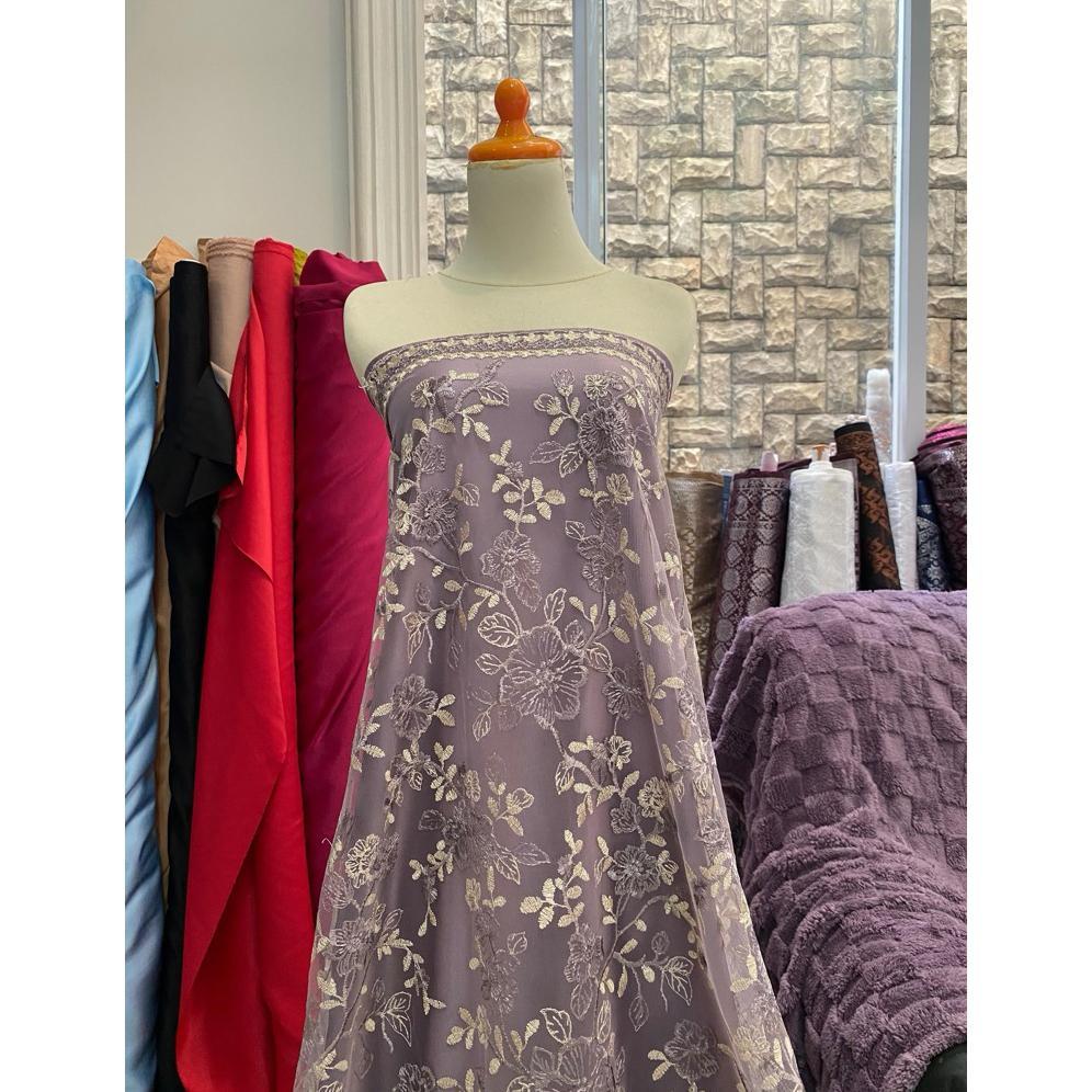 Bahan Kain Kebaya Tile Brokat Peony Series Embroidery Bordir Tumpal Tepi 2 Tone Warna Mauve Gold