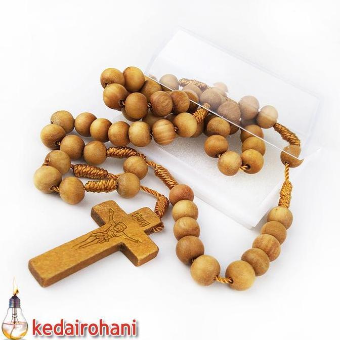 ] Kalung Rosario Manik Beads Kayu Cendana Wangi Tali Ikat Salib Kayu