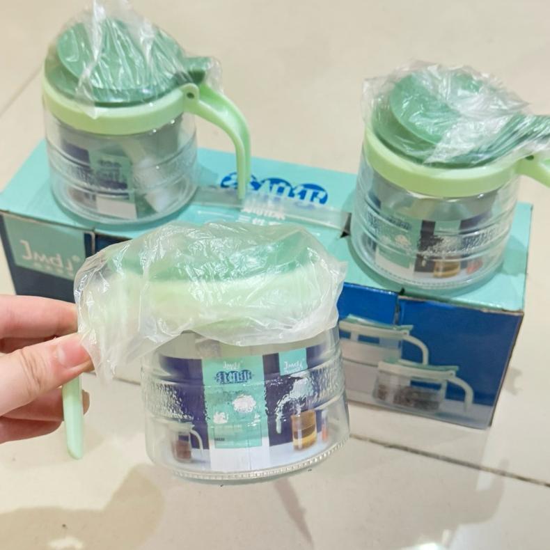 Tempat Bumbu Kaca Isi 3 / Tempat Penyimpanan Bumbu Tutup Plastik Hijau