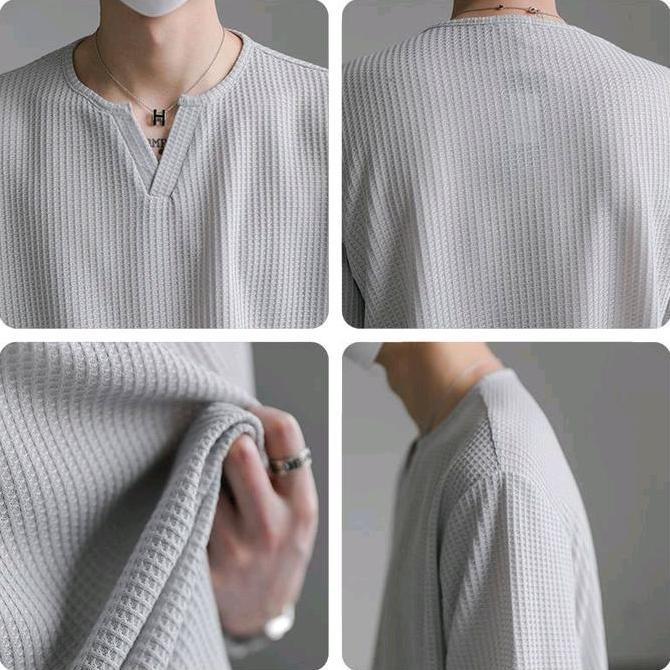Paket 3 Pcs Kaos Waffle Polos V neck Lengan Pendek Pria Oblong