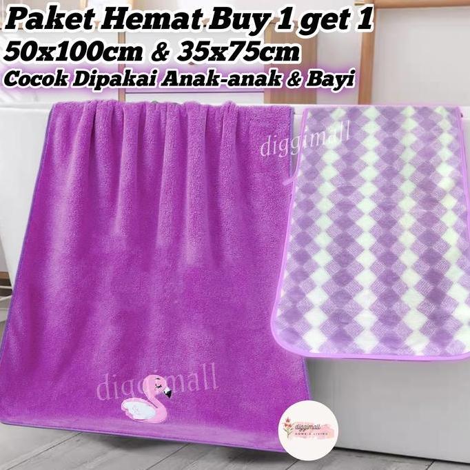 Diggimall Handuk Mandi Anak & Bayi Microfiber Lembut Paket 2Pcs Hemat 50Cmx100Cm Dan 35Cmx75Cm Nyera