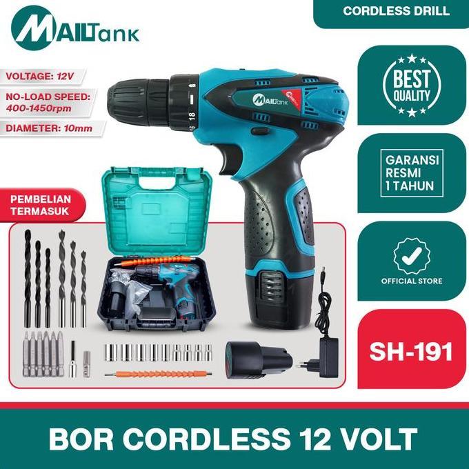 Murah {Live} Mailtank Sh191 Mesin Bor Baterai Cordless Drill 12V Mailtank , Bor Cas 2 Baterai