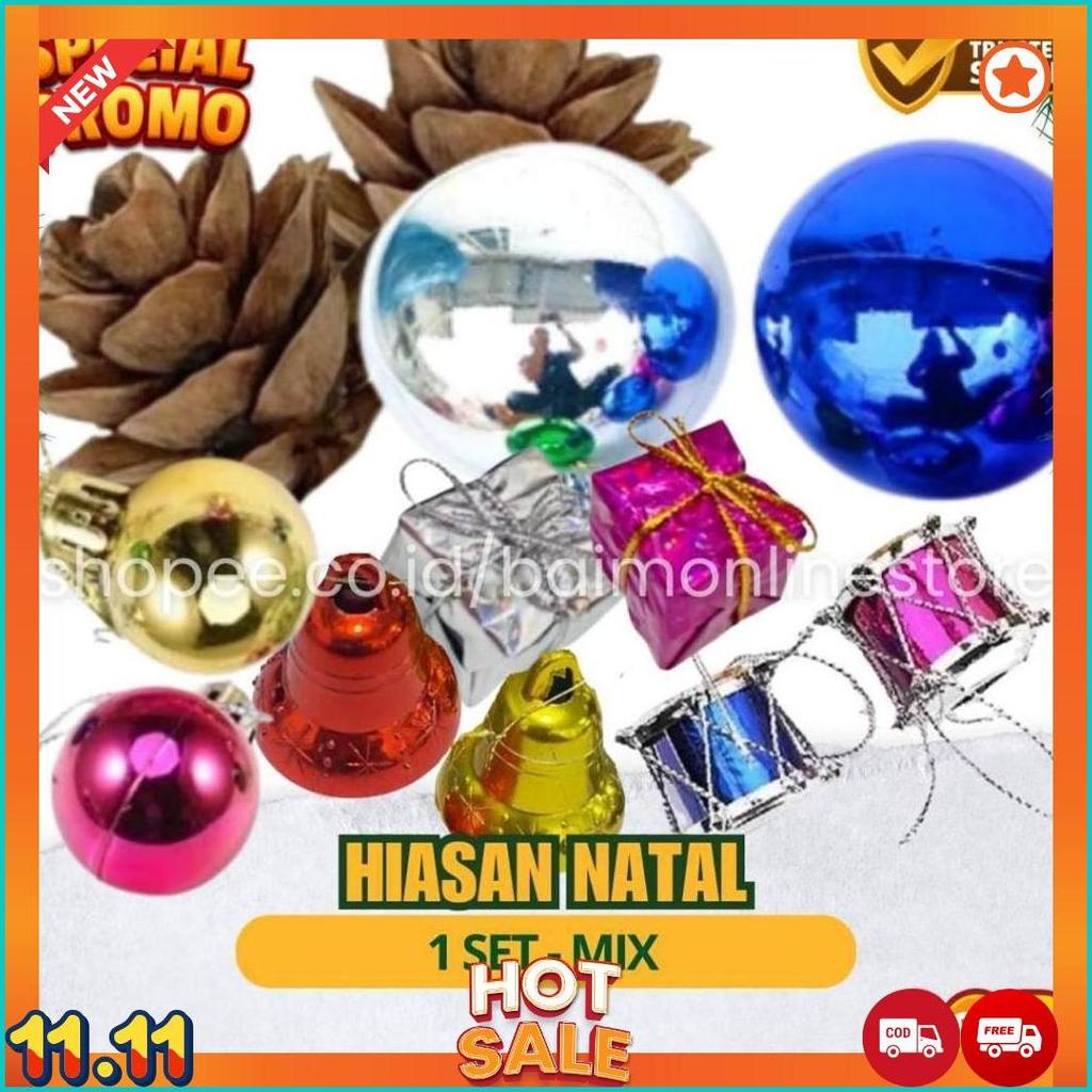 Set Aksesoris Pohon Natal Mini | Bola, Drum, Lonceng, Kotak Kado & Biji Pinus [N1]
