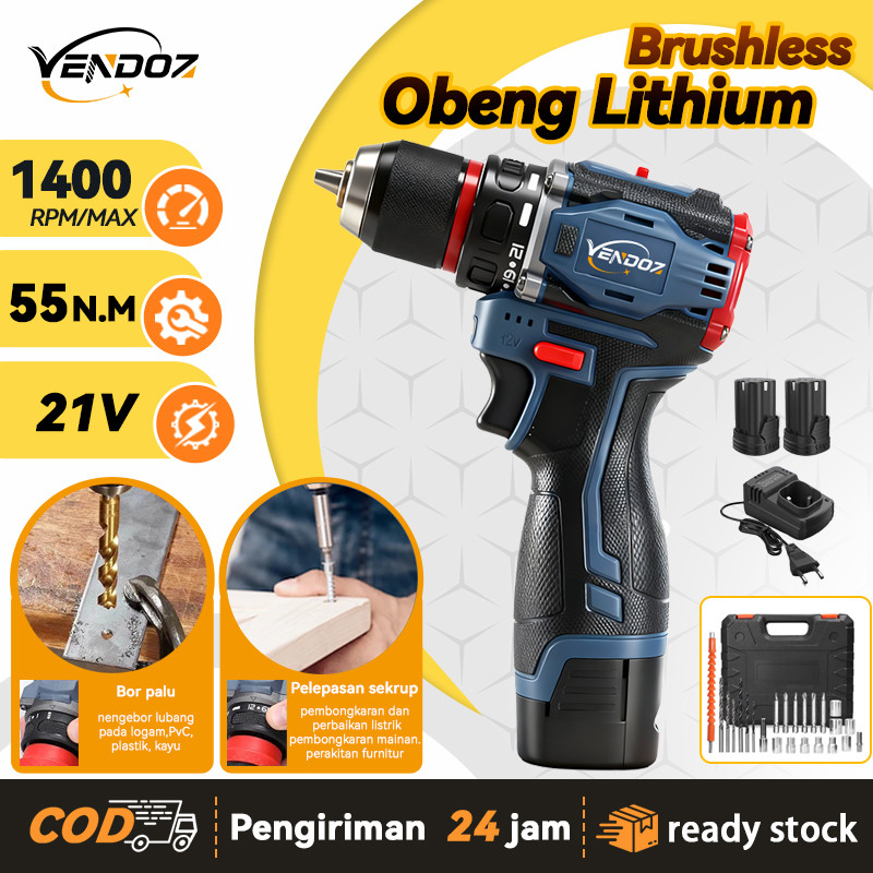 VENDOZ Cordless Mesin bor 16.8V/21V Bor Nirkabel dengan satu set lengkap aksesori Bor Listrik Obeng 
