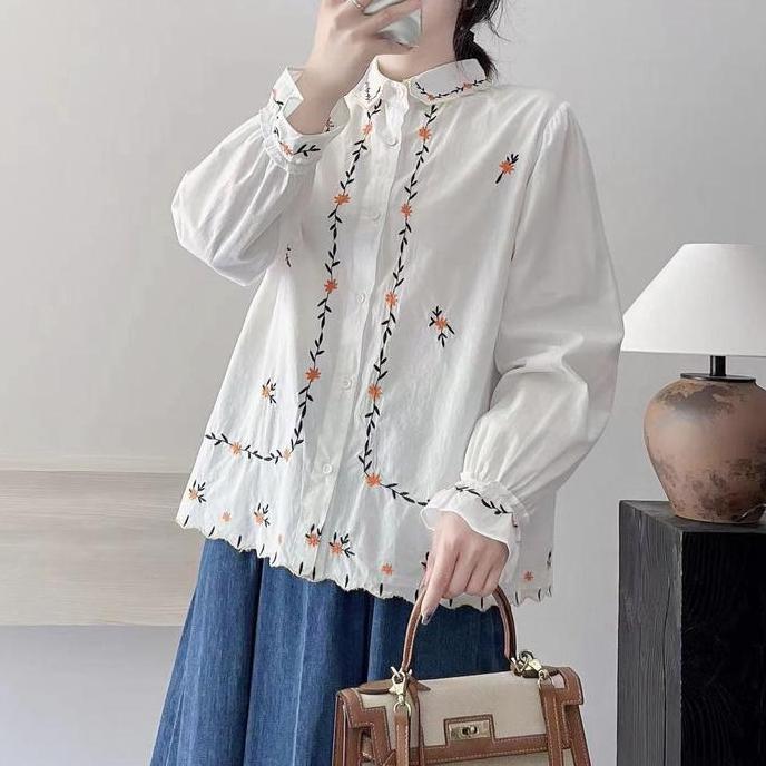 BLUS KEMEJA KATUN PUTIH BORDIR BUNGA ORANGE HITAM LENGAN PANJANG KOREA IMPORT