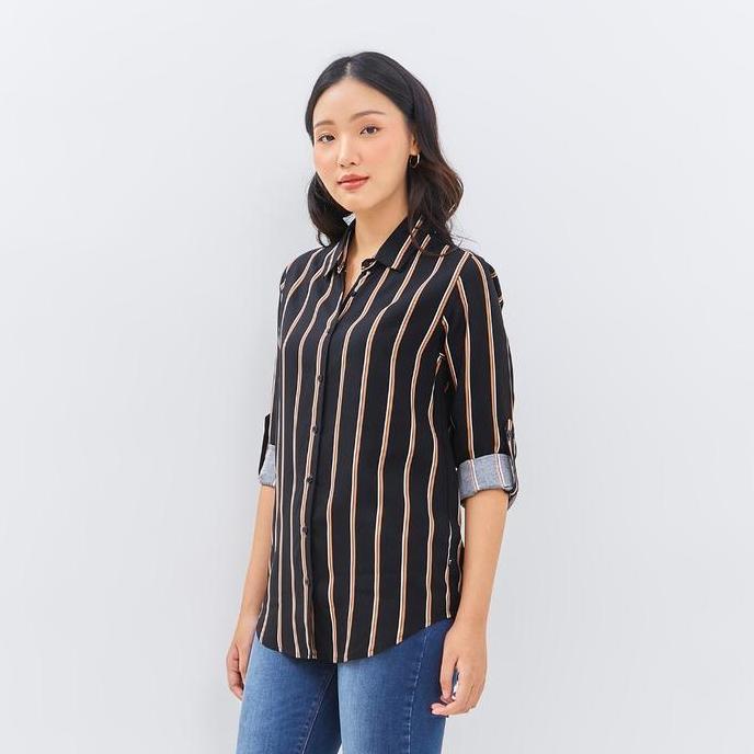 C2 Forces Black Kemeja Casual Wanita Lengan Panjang Motif Garis